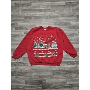 Vintage 90s Christmas Trees Puff Print Graphic Red Sweatshirt Size L/XL Pullover